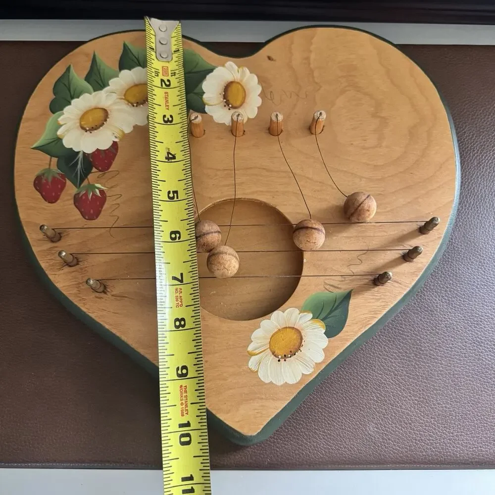 Floral Strawberries Heart Shaped Hand Painted Door Harp Chime Vintage Wood